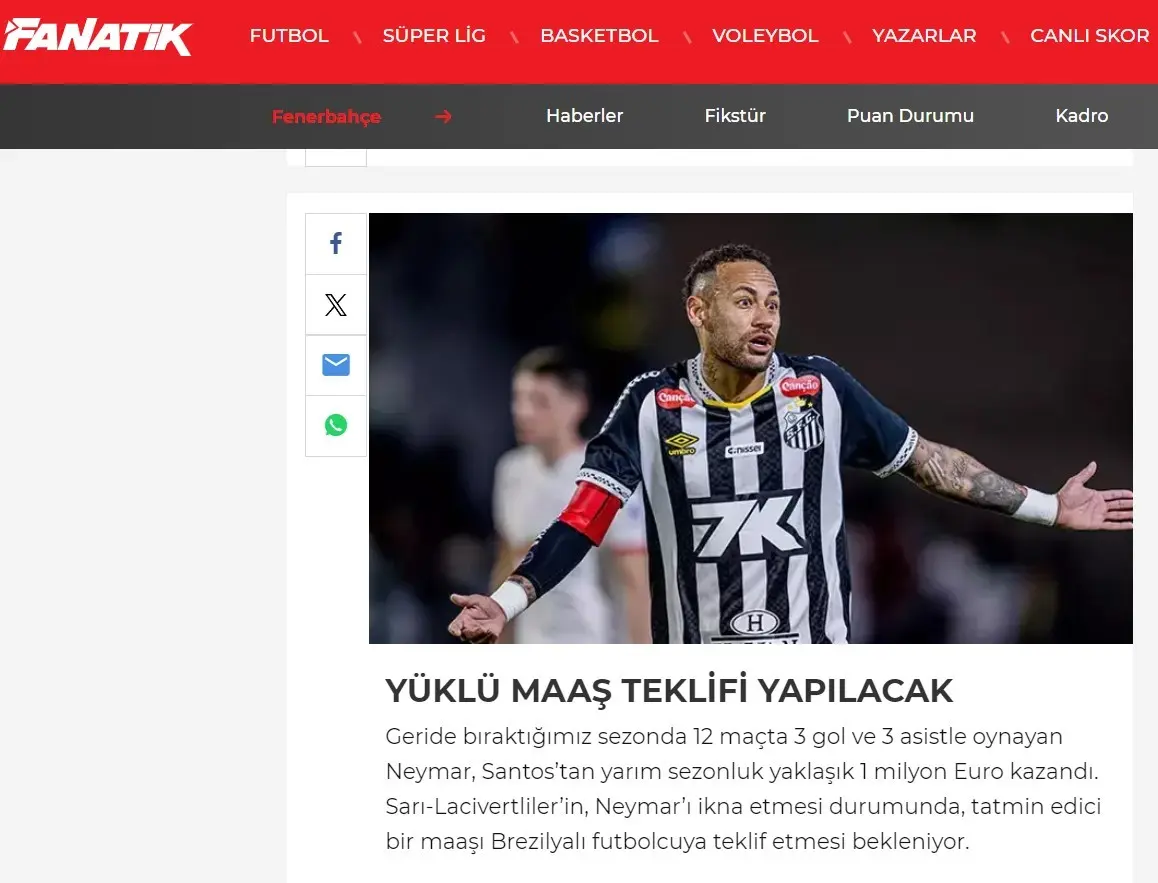 Fenerbahçe planeja salário "atraente" para Neymar, informa publicação