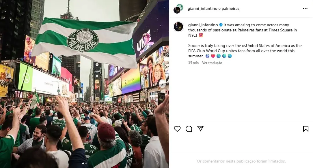 Fifa: Presidente se encanta com torcida do Palmeiras em Nova York e celebra o futebol nos EUA