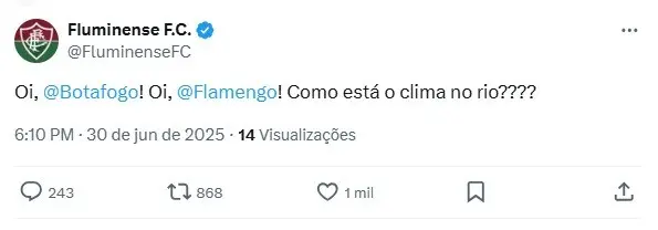 Fluminense provocou Flamengo e Botafogo após classificação: "Como está o clima no Rio?"