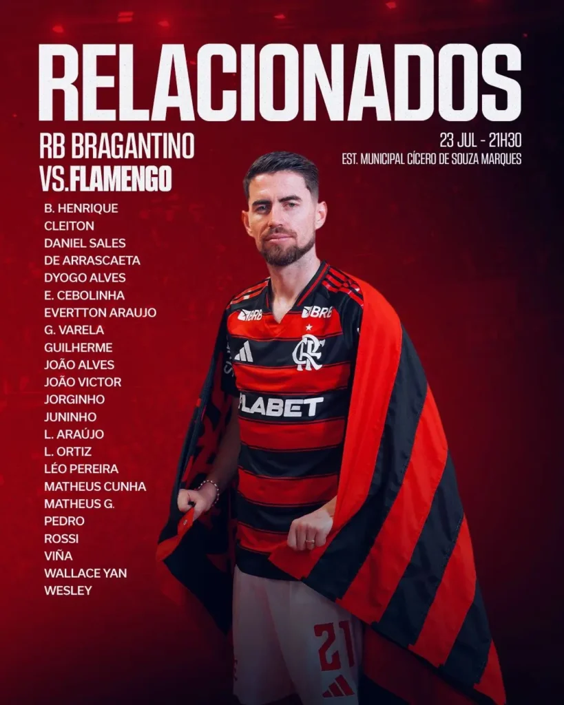 Com Wesley, Flamengo divulga lista de relacionados para enfrentar o Bragantino