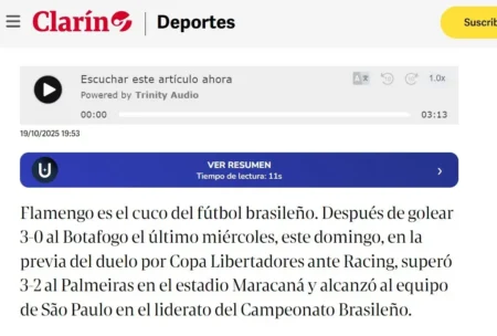 Jornal argentino exalta Flamengo como 'Bicho-papão do futebol brasileiro' em prévia de duelo contra o Racing pela Libertadores.