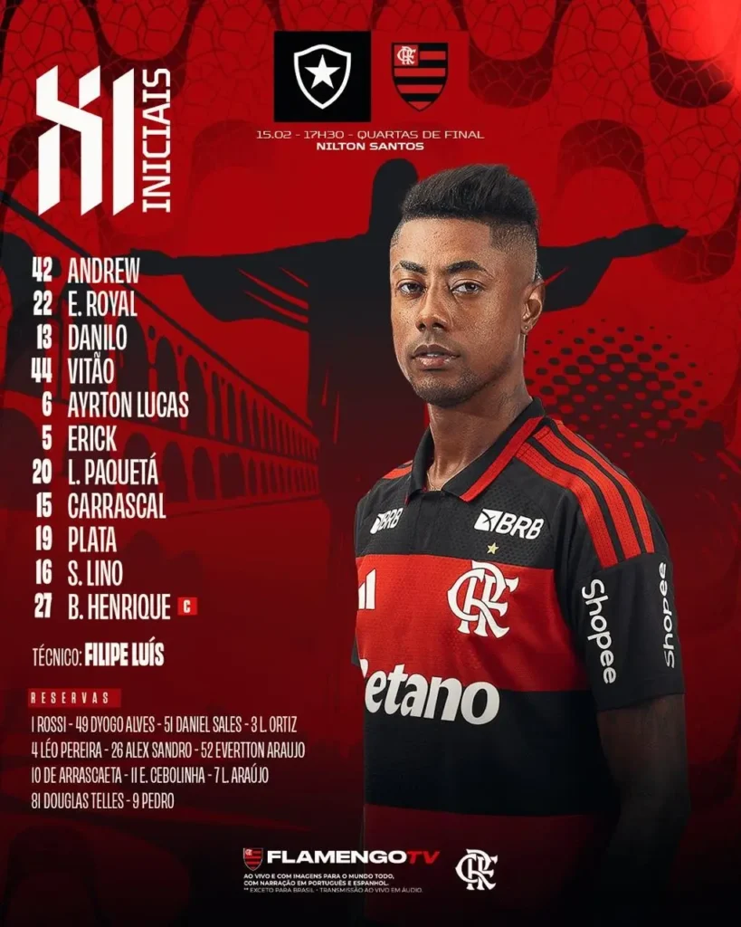 Flamengo divulga escalação sem Rossi, zagueiros, Arrascaeta e Pedro para o jogo contra o Botafogo