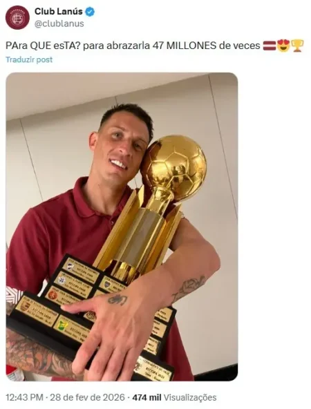 Lanús ironiza Flamengo e Paquetá em foto com a taça da Recopa: Abraçá-la 47 milhões de vezes Lanús ironiza Flamengo e Paquetá em foto com a taça da Recopa: "Abraçá-la 47 milhões de vezes"