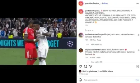 Prestianni curte crítica a jogador do Benfica por pedido de camisa a Vini Jr.