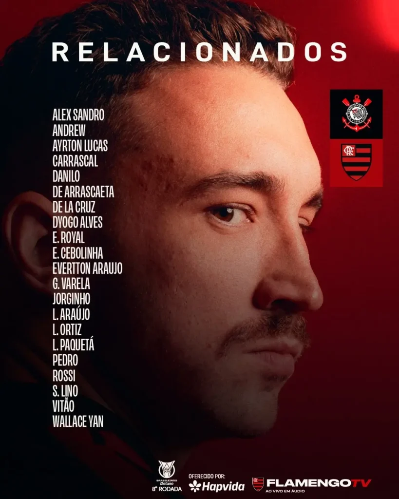Flamengo anuncia lista de relacionados para o jogo contra o Corinthians